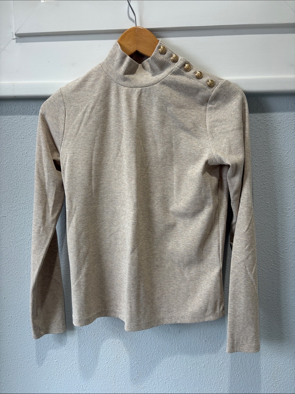 Caslon Ribbed Mock Neck Long Sleeve Top with Gold Shoulder Buttons - Taupe